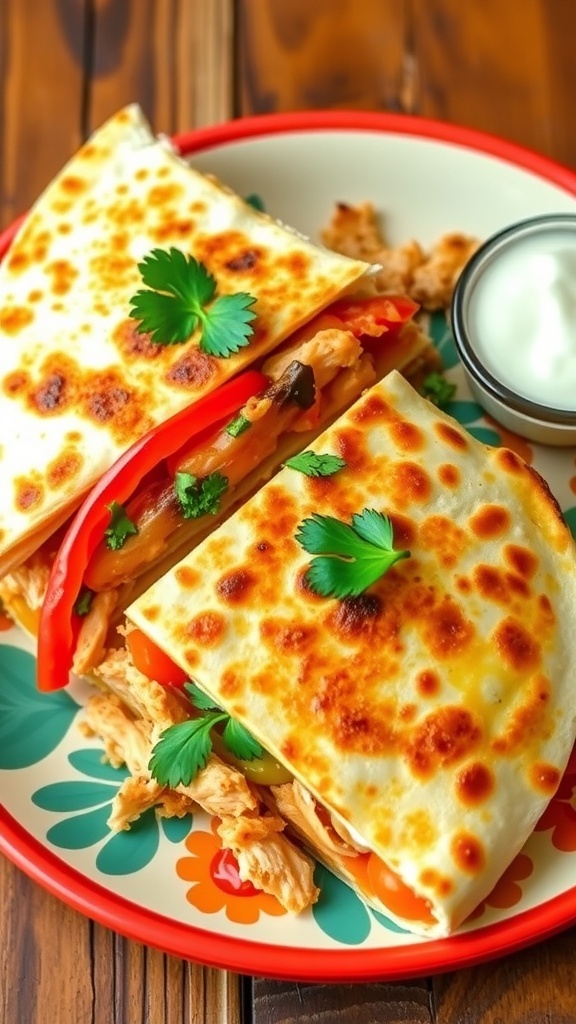 Golden brown jumbo chicken quesadilla filled with cheese and vegetables, served with salsa and sour cream.